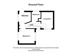Ground floor layout: kitchen, bathroom, lounge, bedroom.