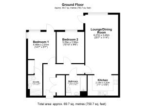 Ground floor plan with two bedrooms and kitchen.