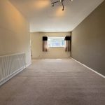 Empty carpeted living room with window and radiator.