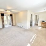 Spacious carpeted room with doors and light fixture.