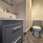 Modern bathroom with grey vanity and toilet.