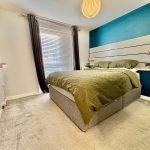 Modern bedroom with grey and teal decor